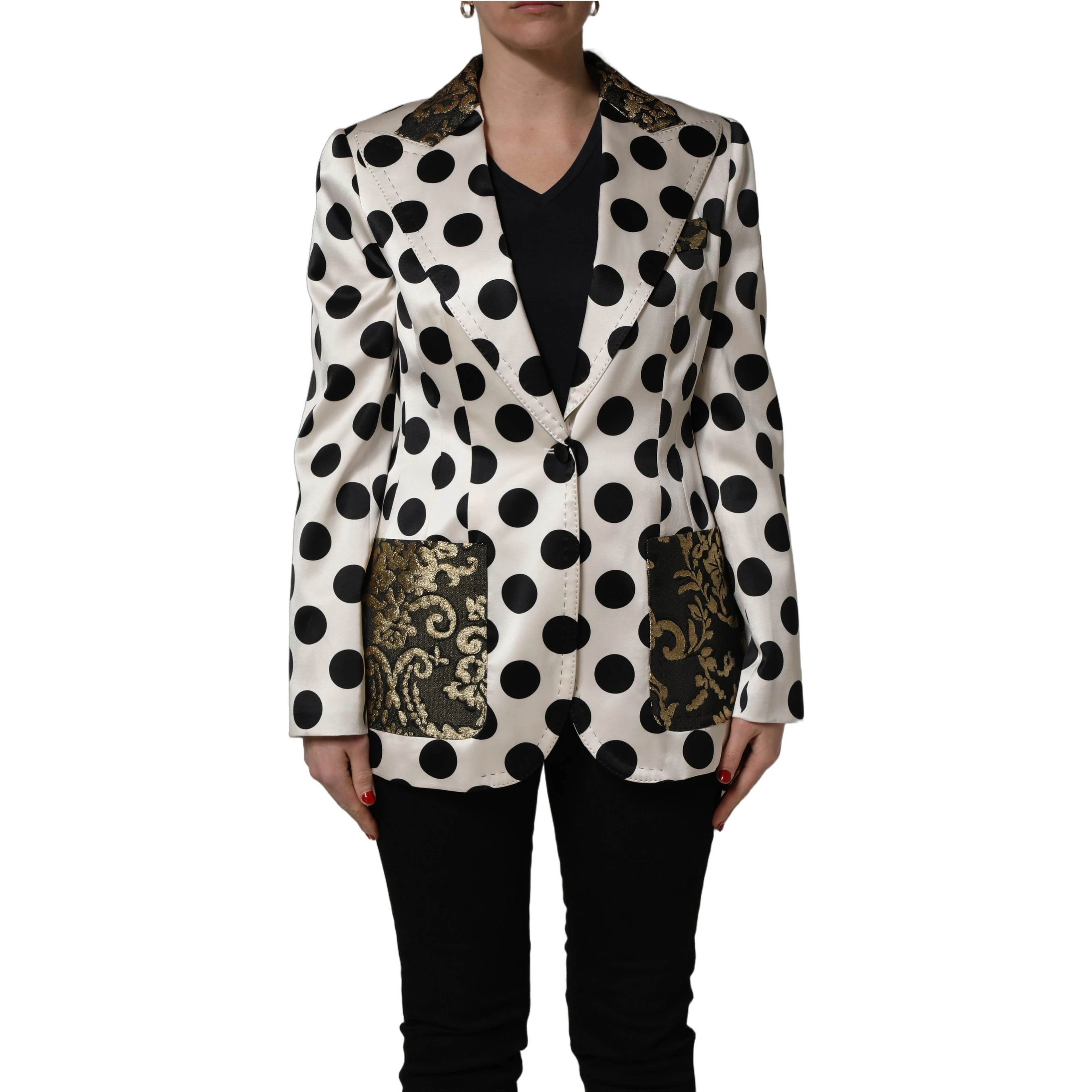 White Brocade Polka-Dot Print Blazer Jacket