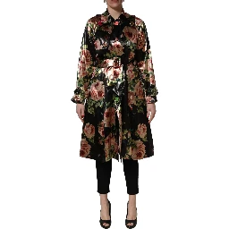 Black Floral Belted Polyester Trench Coat Jacket