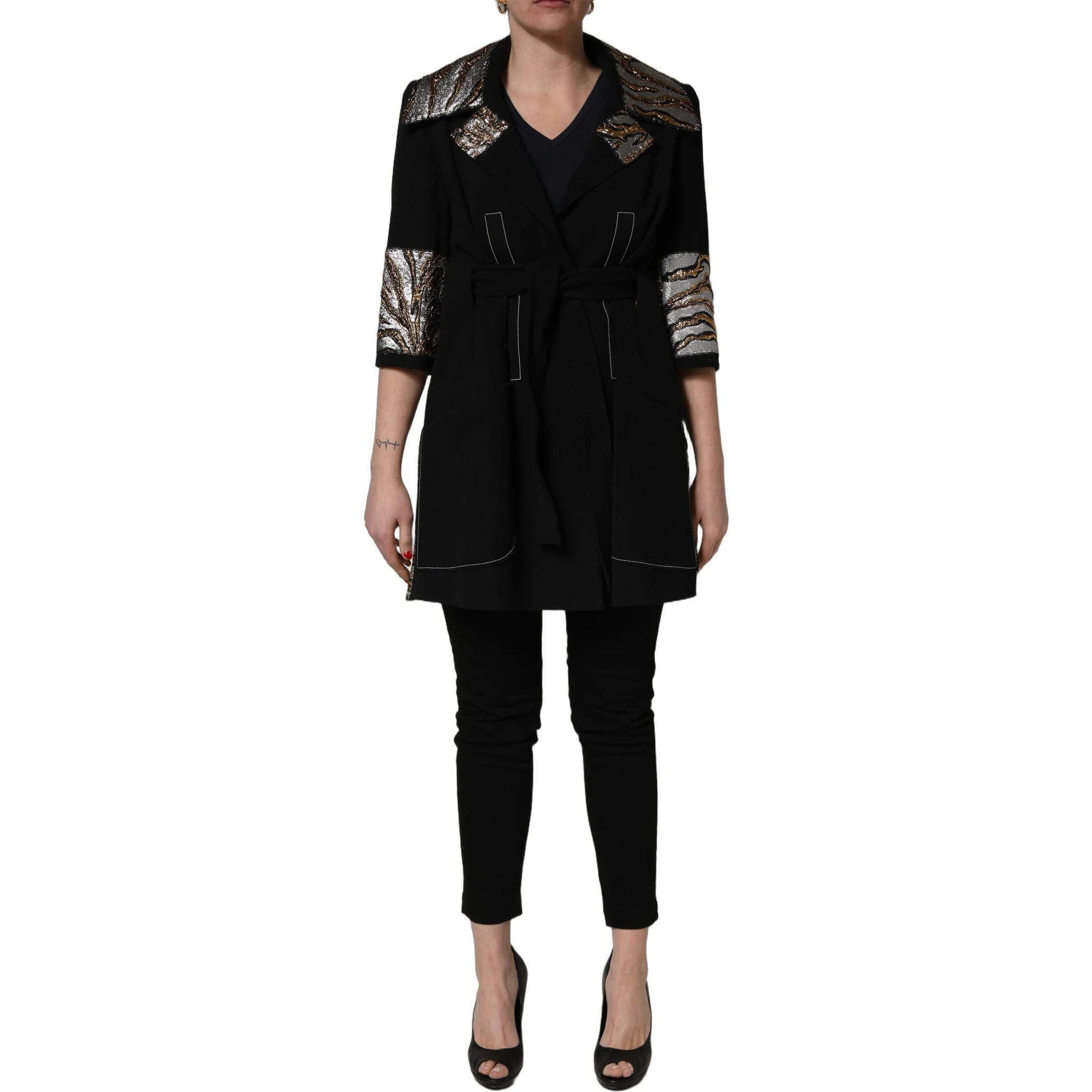 Black Single-Breasted Brocade Coat Jacket