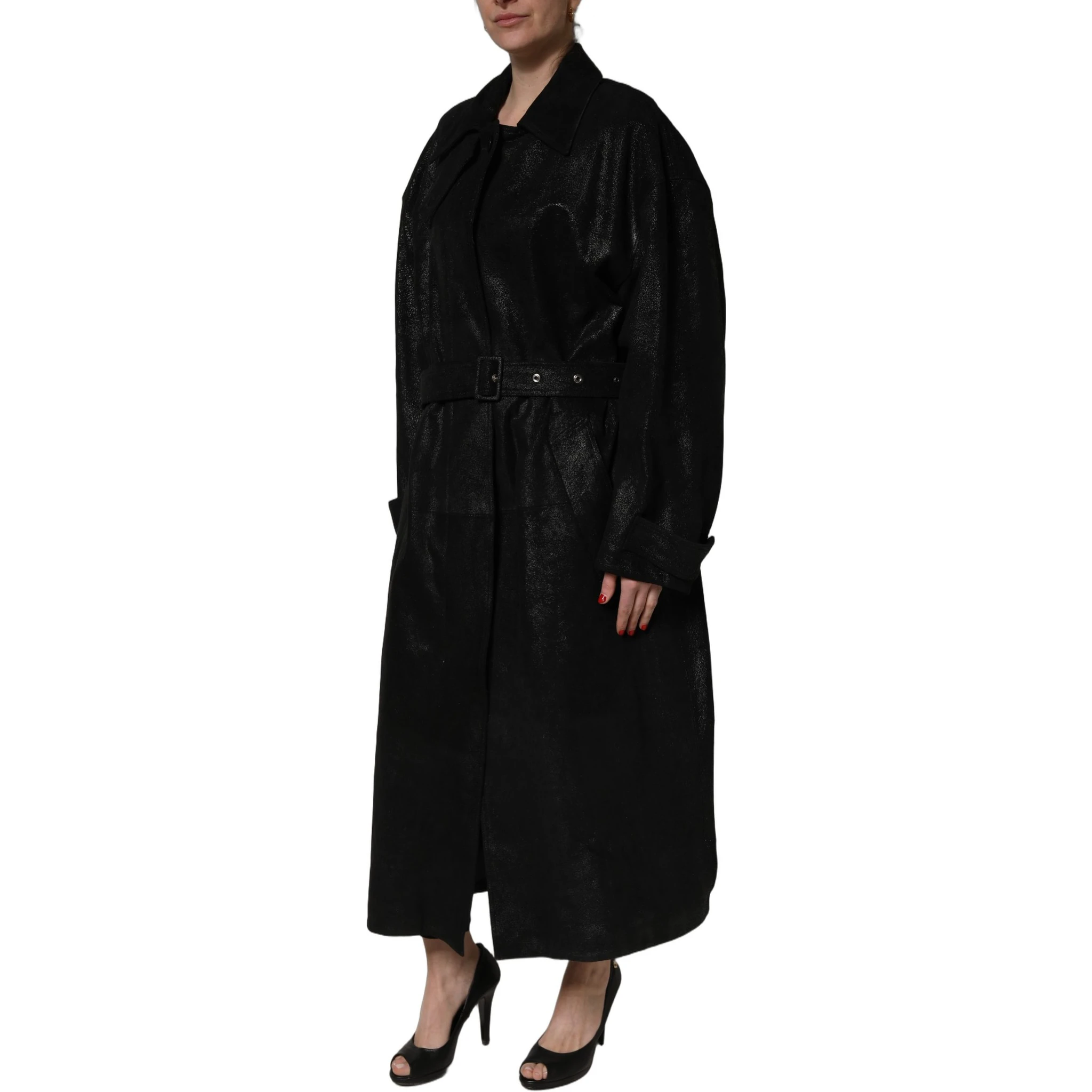 Black Belted Sheepskin Trench Coat Jacket