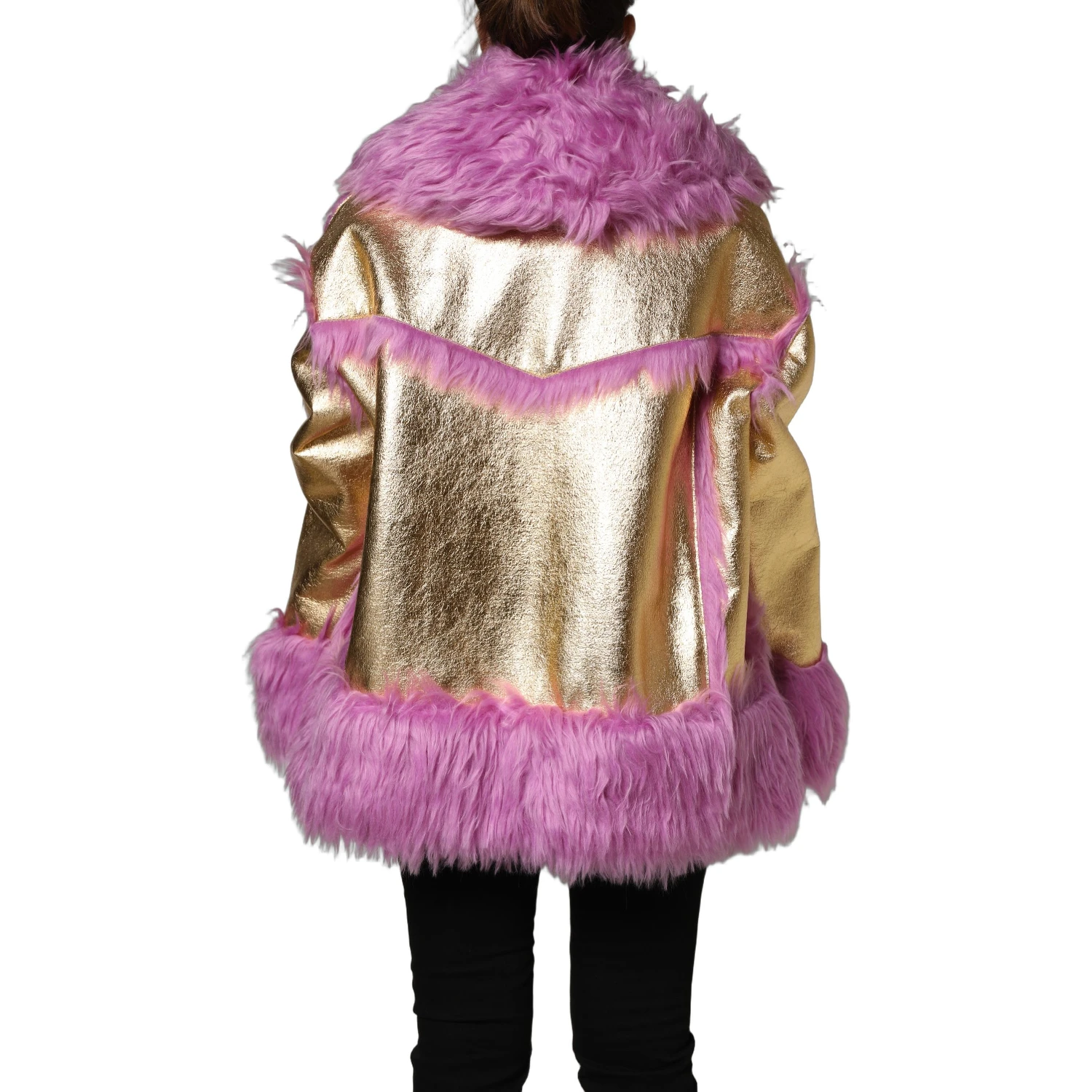 Pink Plush Faux Fur Gold Leather Coat Jacket