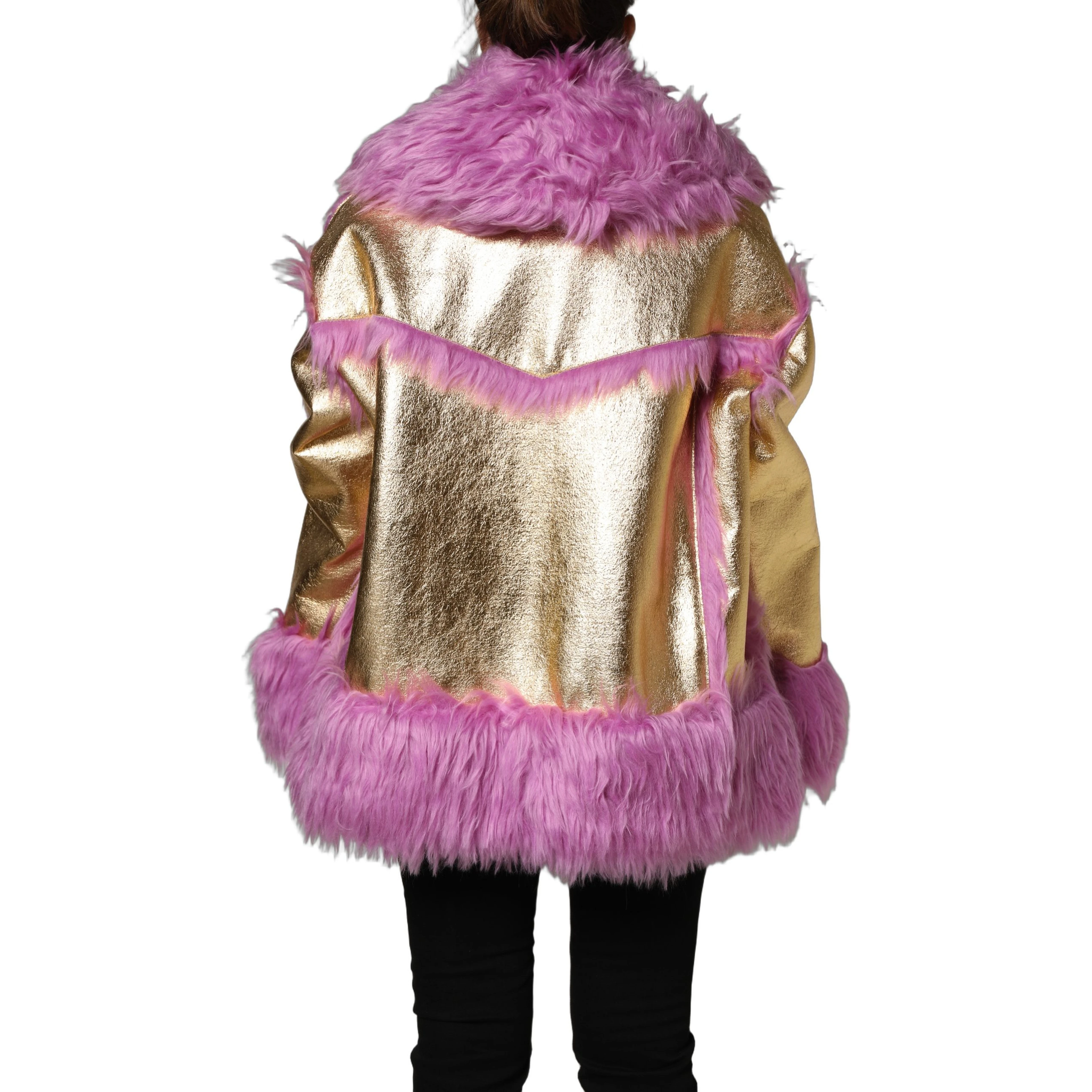 Pink Plush Faux Fur Gold Leather Coat Jacket