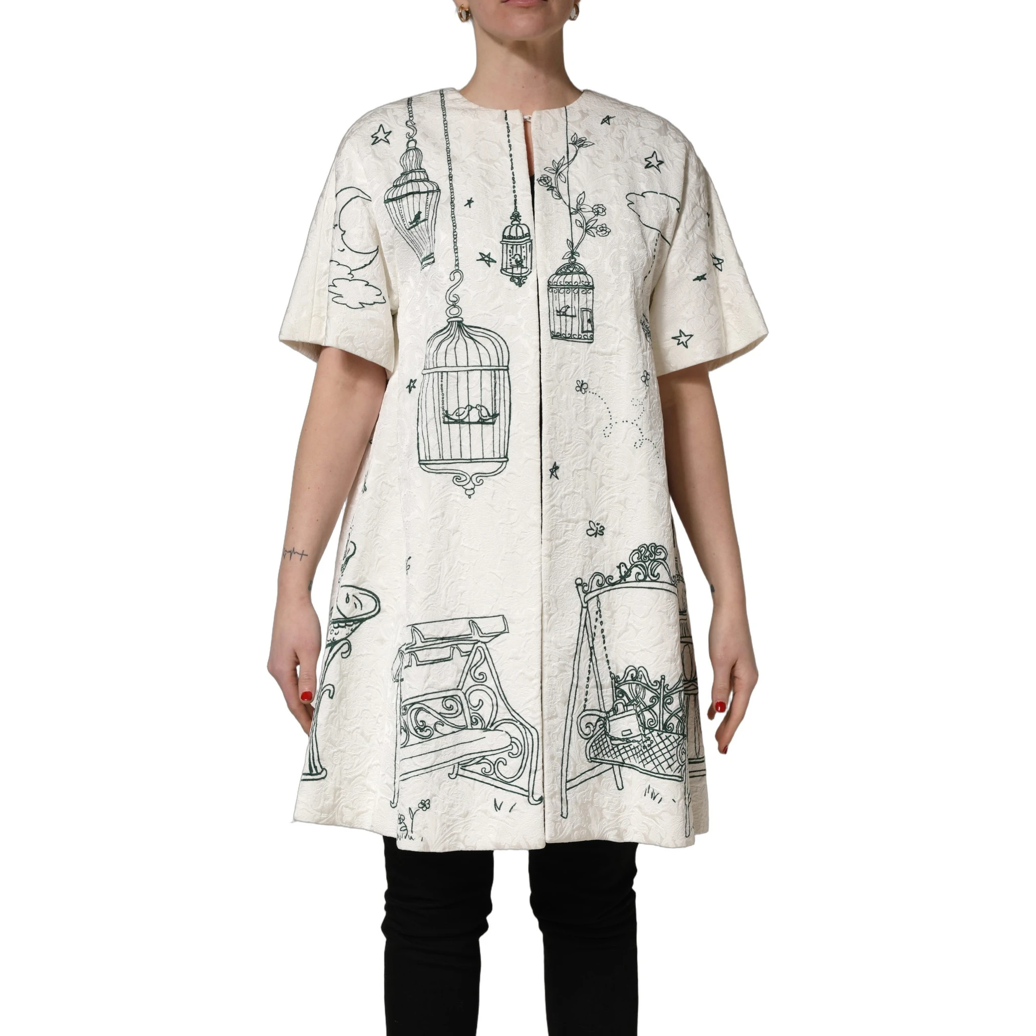 White Jacquard Garden Print Coat Jacket