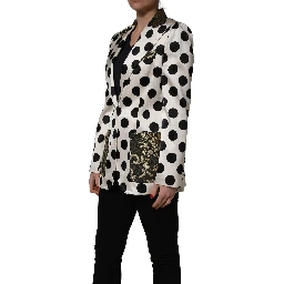 White Brocade Polka-Dot Print Blazer Jacket