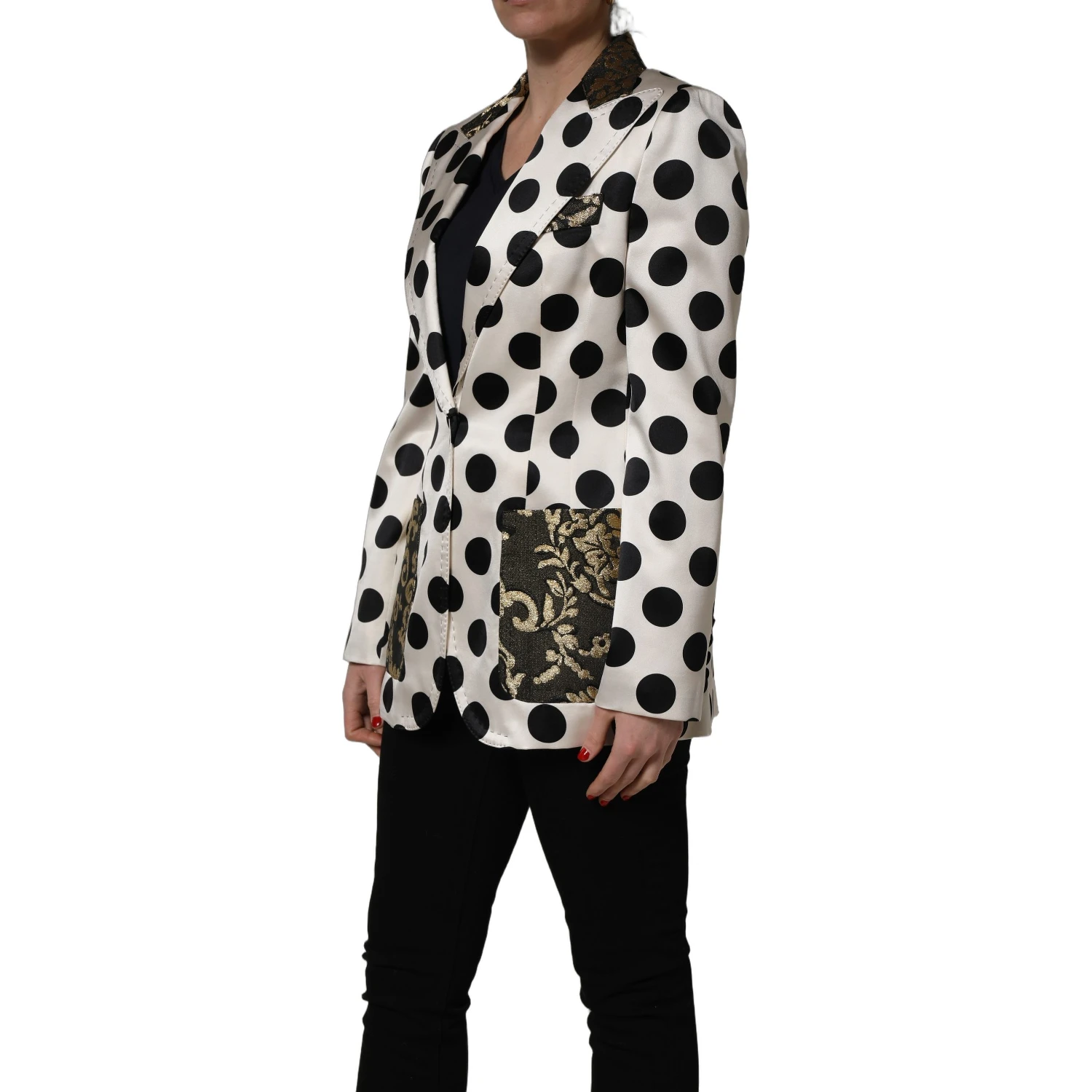 White Brocade Polka-Dot Print Blazer Jacket