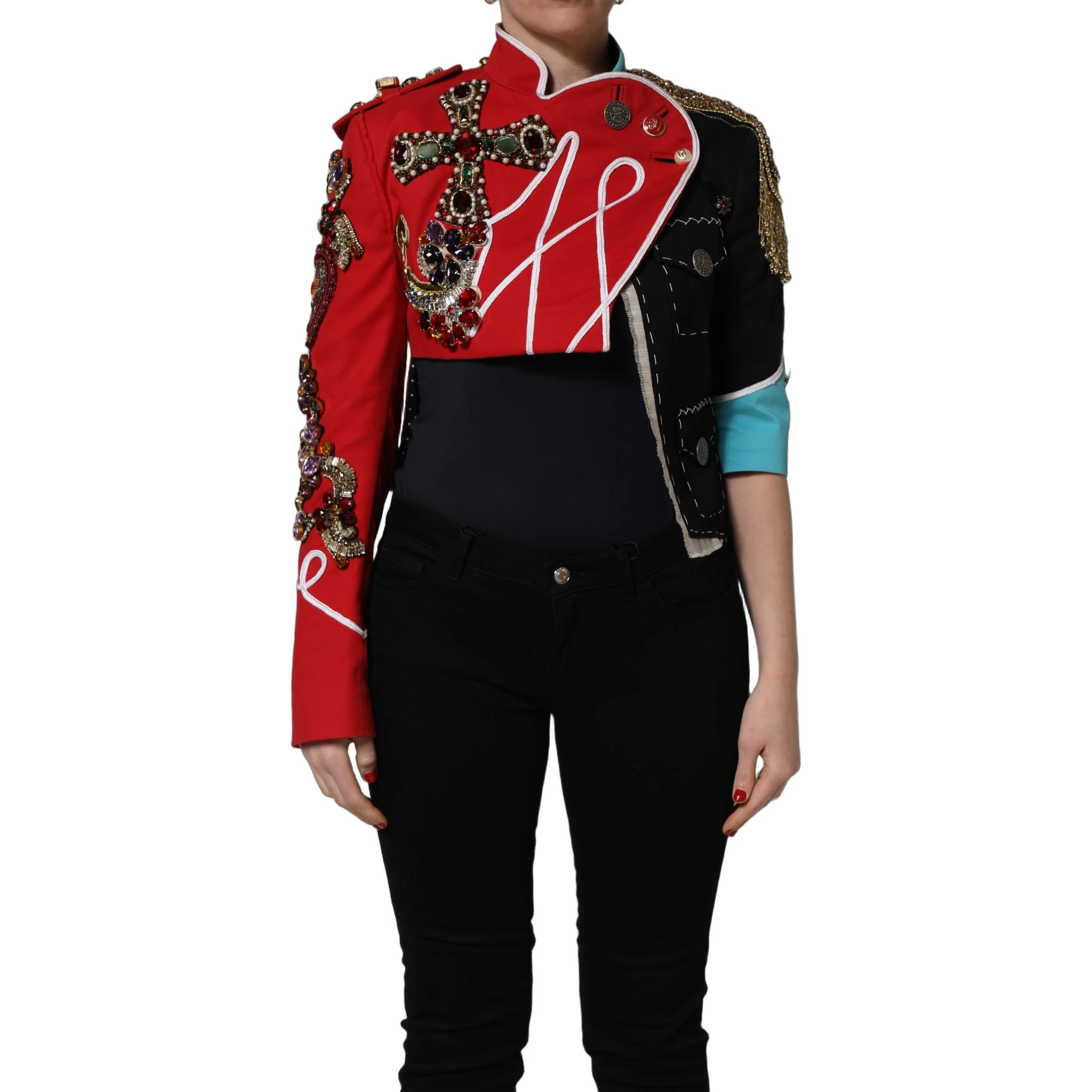 Multicolor Asymmetrical Ornate Jewel Cropped Jacket