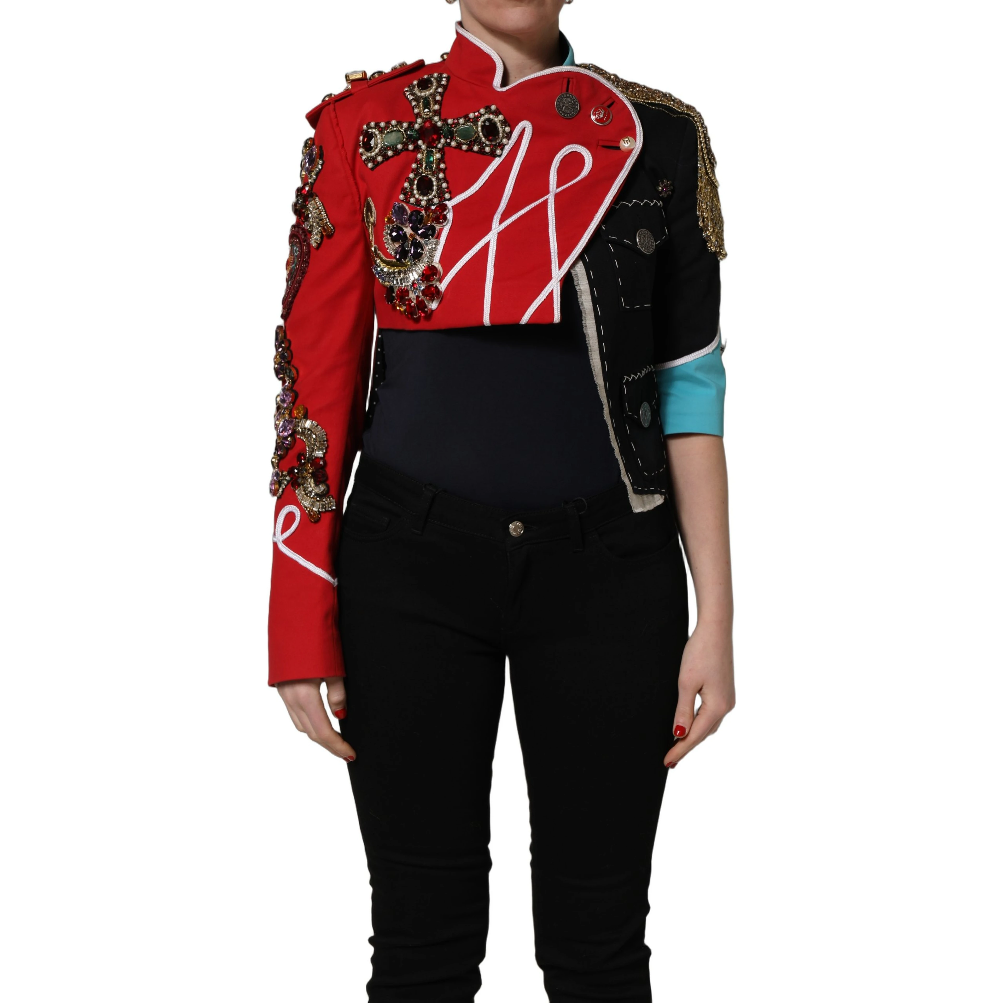 Multicolor Asymmetrical Ornate Jewel Cropped Jacket