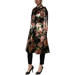 Black Floral Belted Polyester Trench Coat Jacket