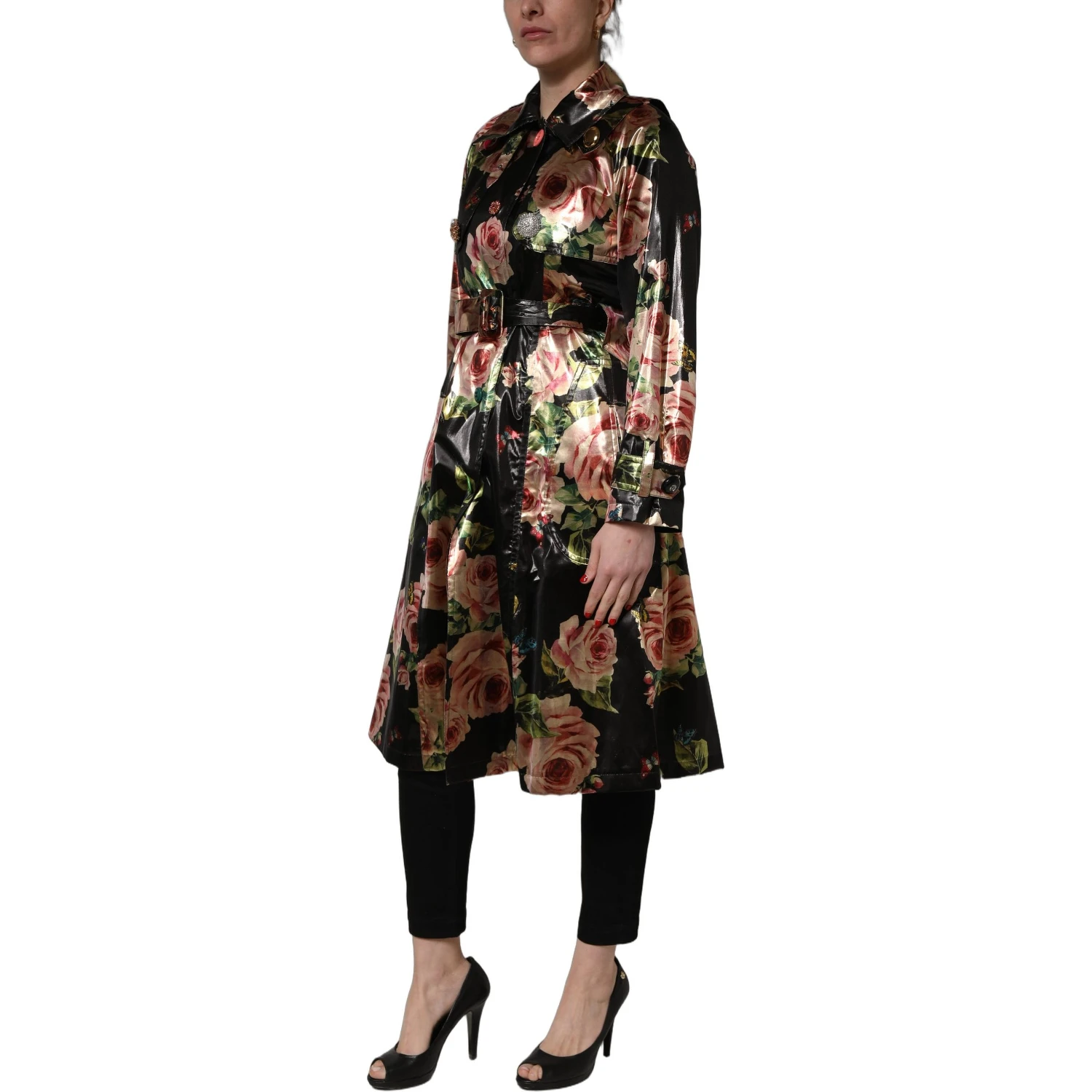 Black Floral Belted Polyester Trench Coat Jacket