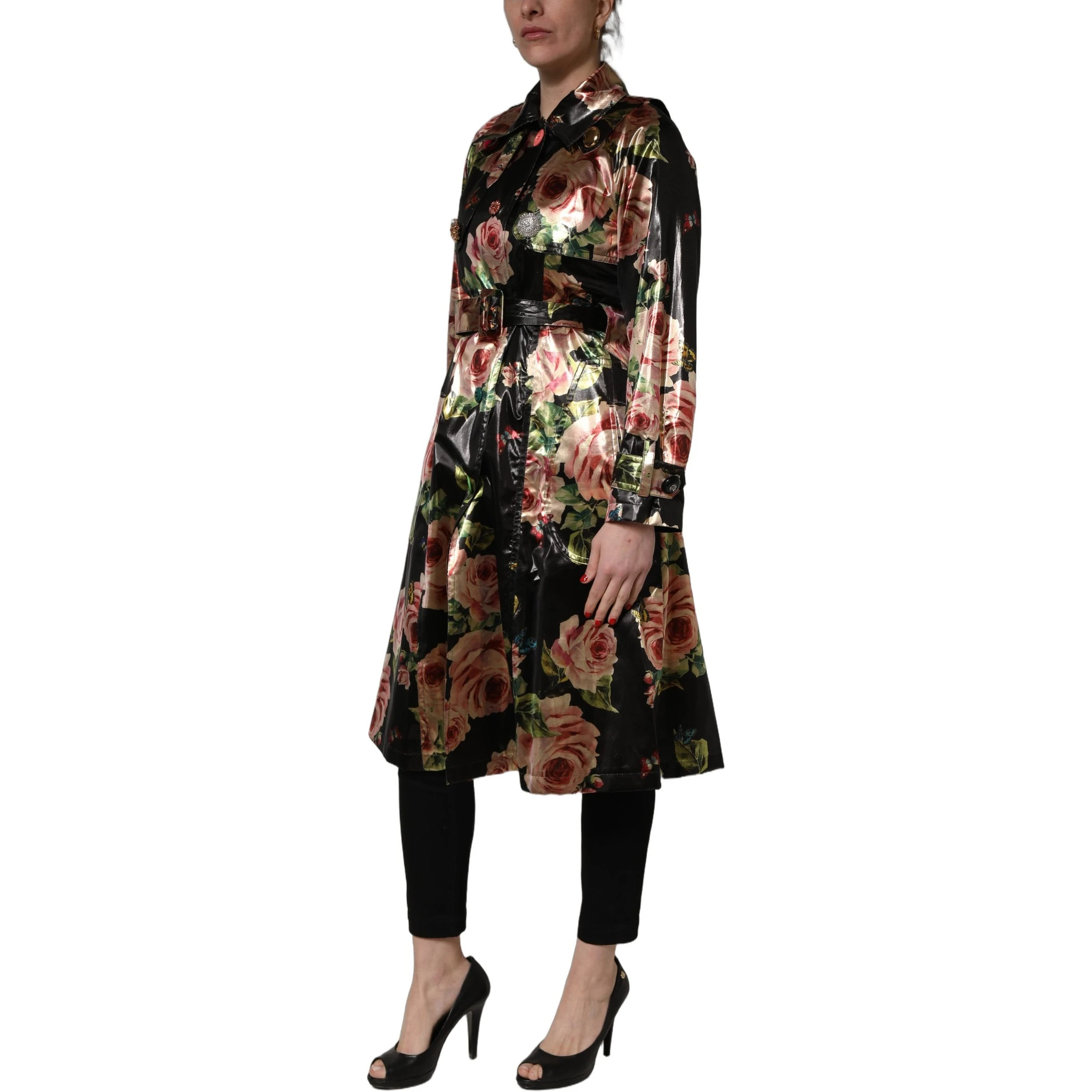 Black Floral Belted Polyester Trench Coat Jacket