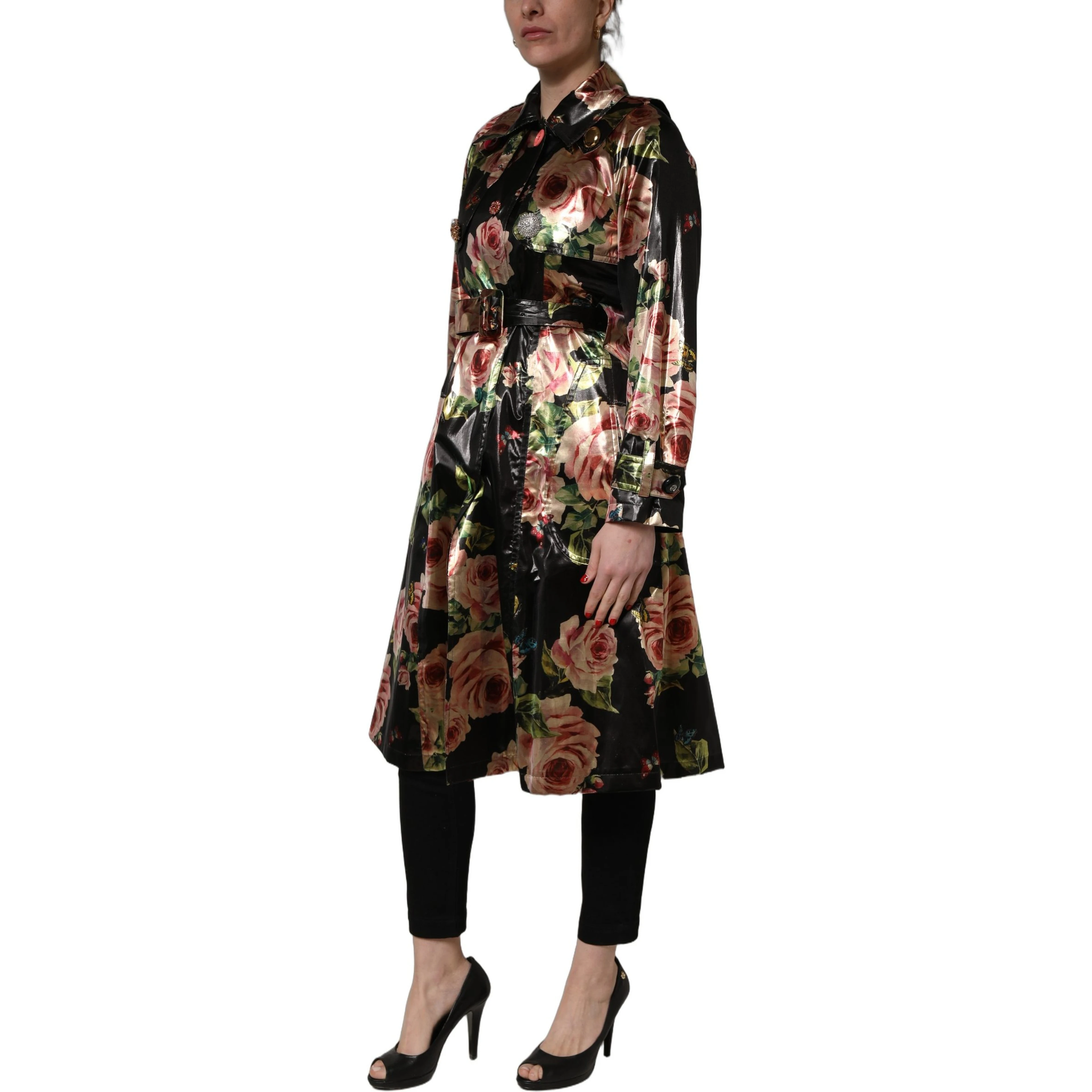 Black Floral Belted Polyester Trench Coat Jacket