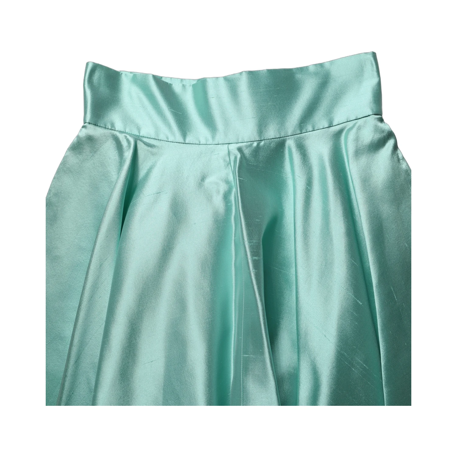 Green Satin High-Waisted Pleated A-line Midi Skirt