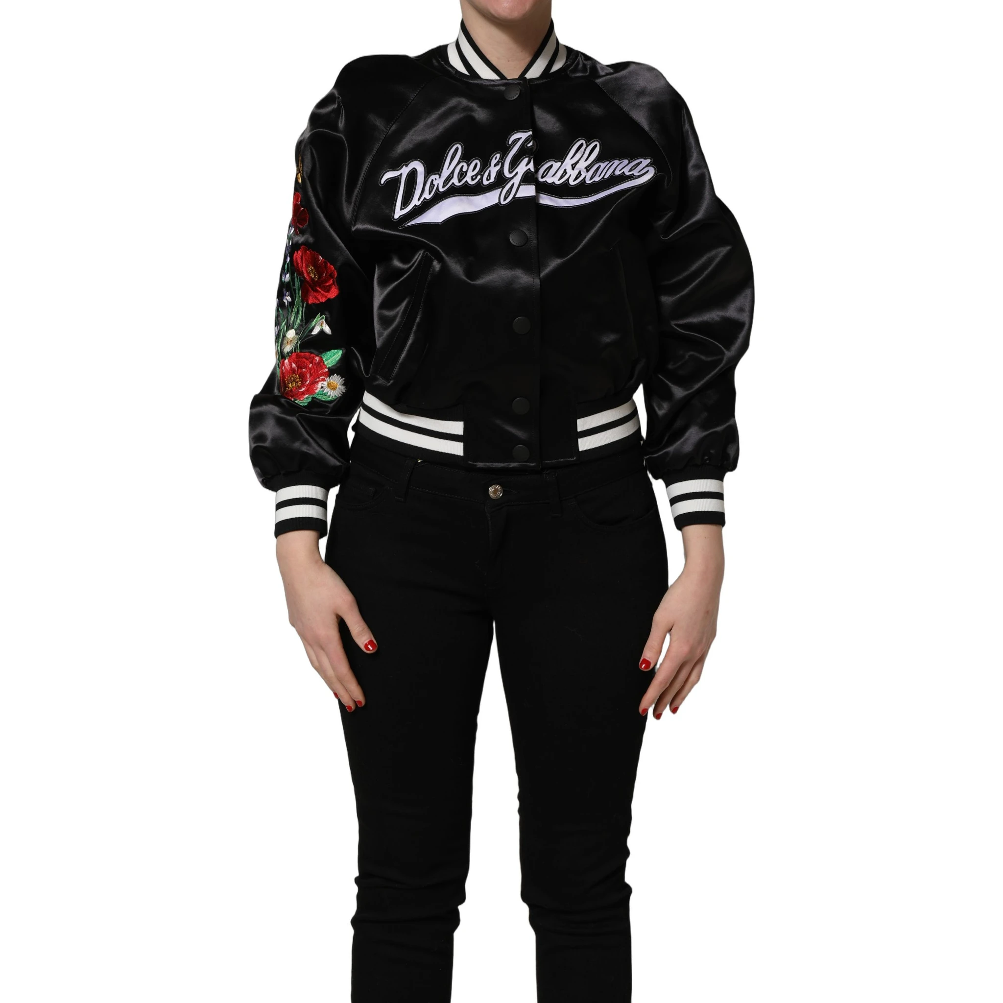 Black Satin Floral Embroidery Bomber Jacket