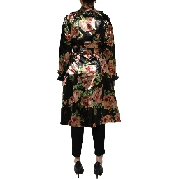 Black Floral Belted Polyester Trench Coat Jacket