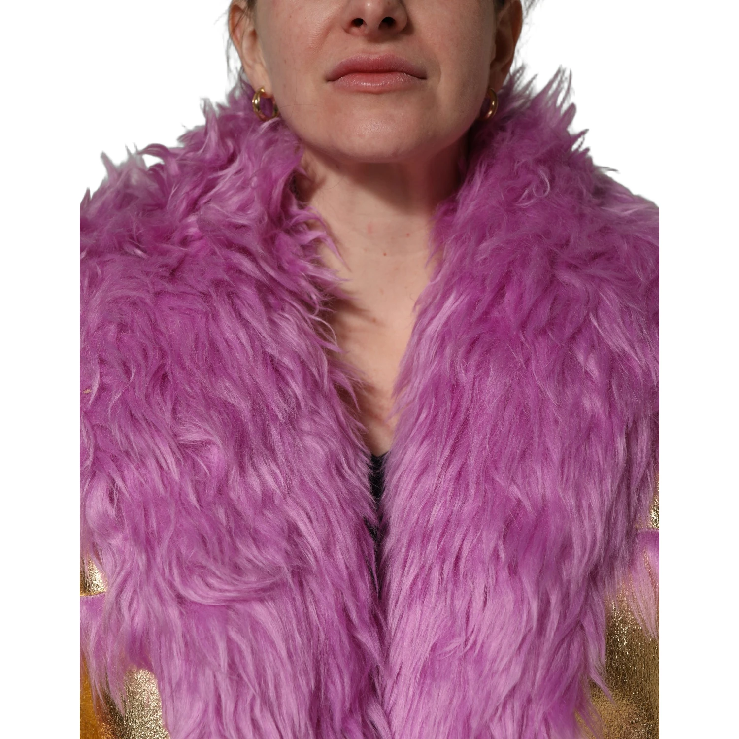 Pink Plush Faux Fur Gold Leather Coat Jacket