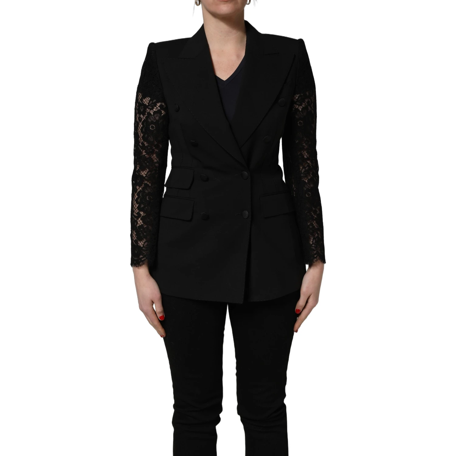 Black Wool DoubleBreasted Lace Sleeve Jacket