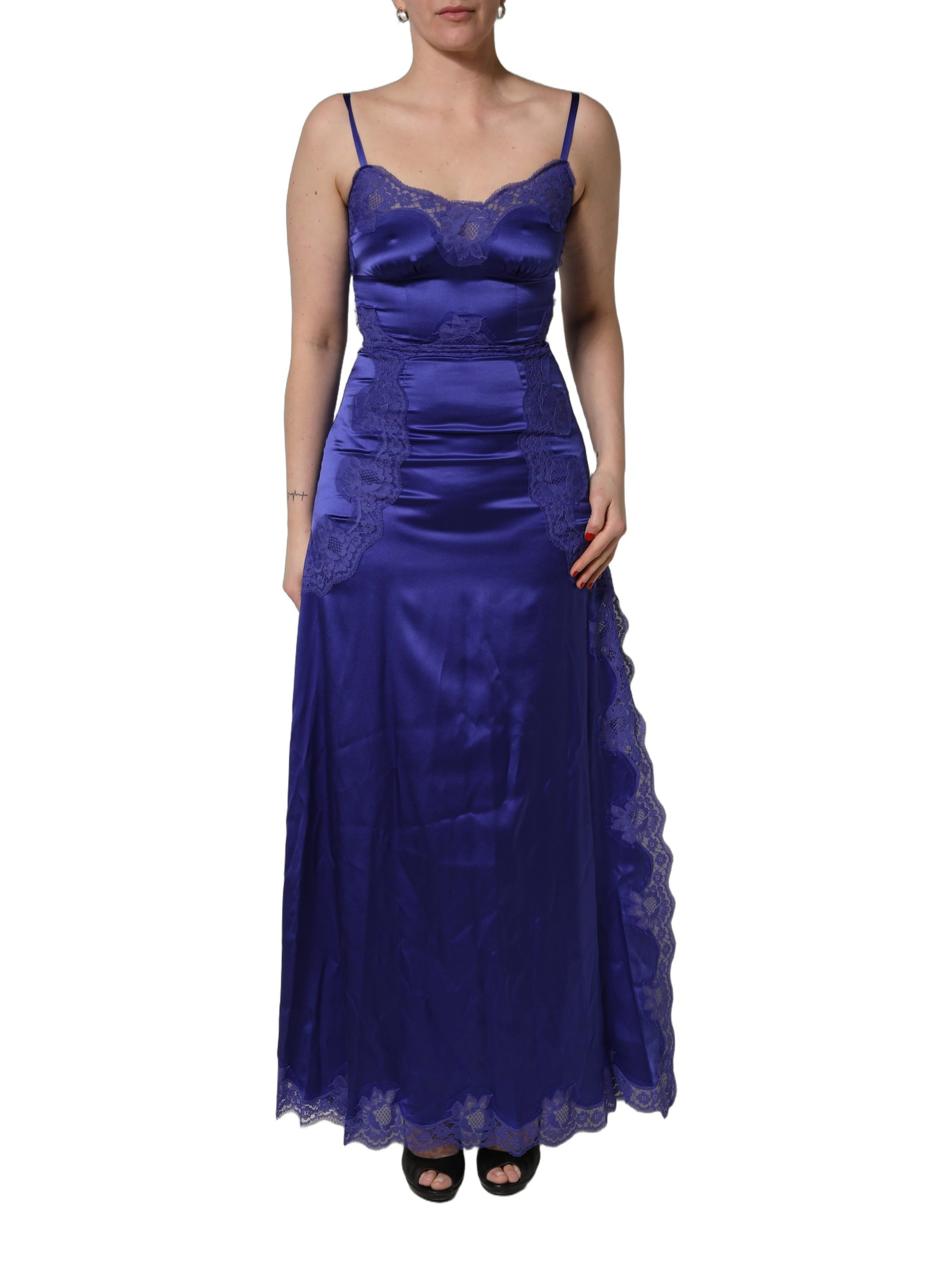 Blue Sleeveless Lace Trim A-line Gown Dress