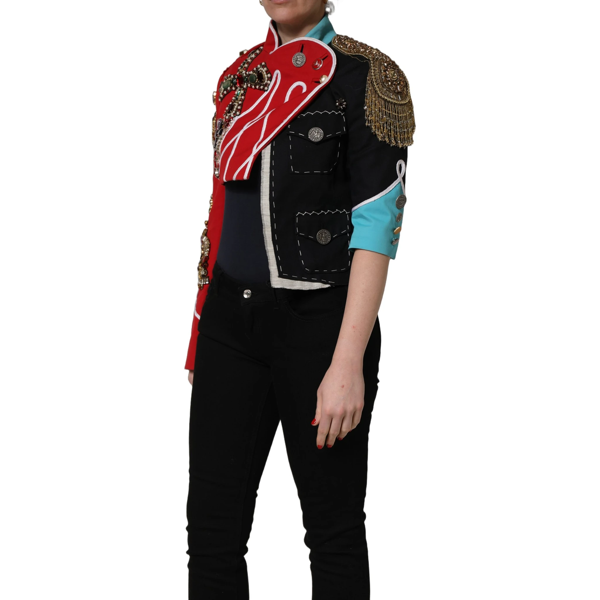 Multicolor Asymmetrical Ornate Jewel Cropped Jacket
