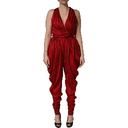 Red Plunging HalterNeck Draped Jumpsuit Dress