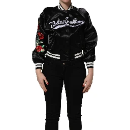 Black Satin Floral Embroidery Bomber Jacket