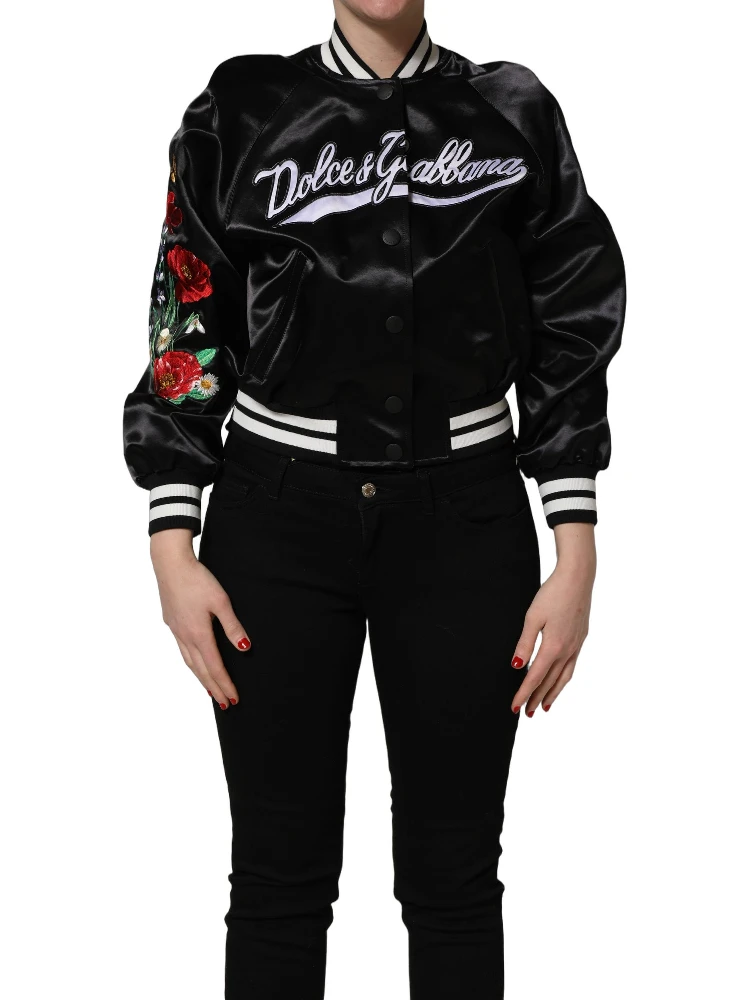 Black Satin Floral Embroidery Bomber Jacket alternative