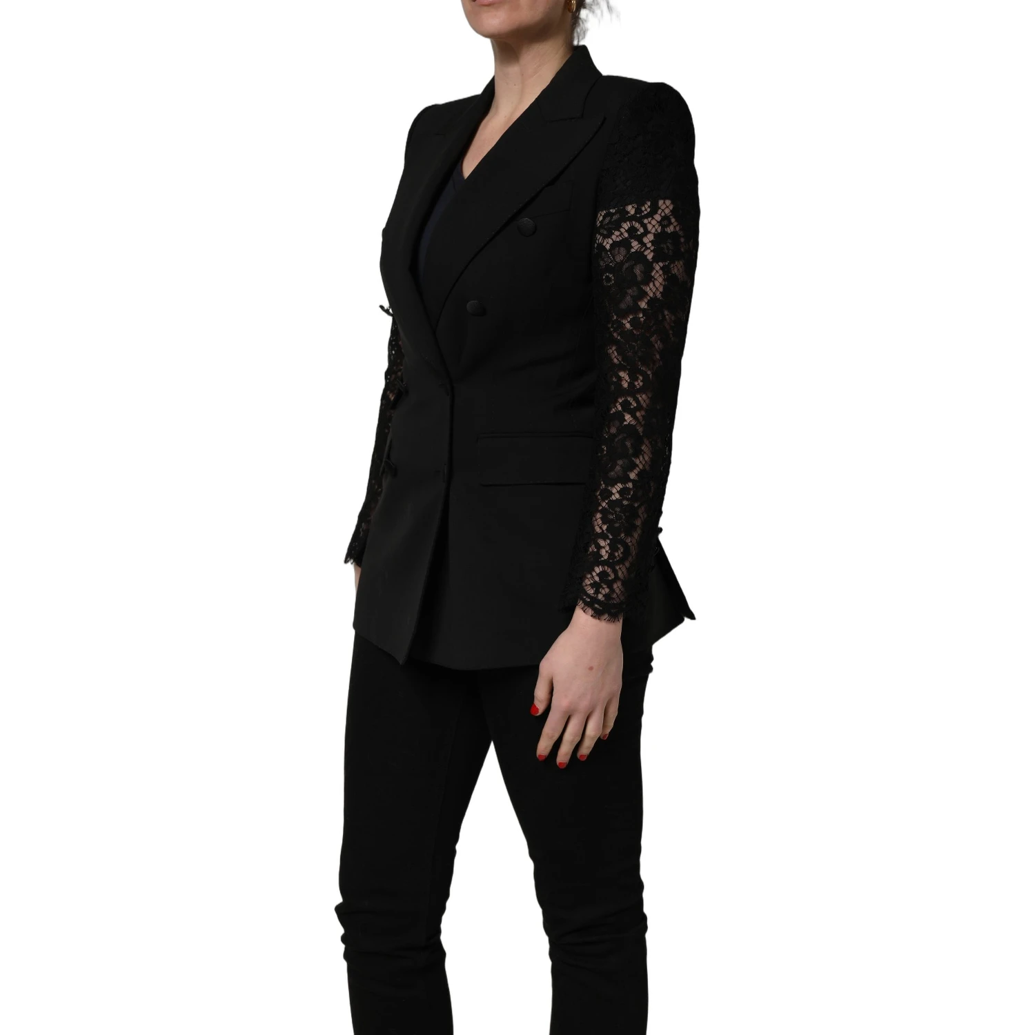 Black Wool DoubleBreasted Lace Sleeve Jacket