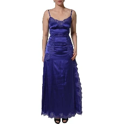 Blue Sleeveless Lace Trim A-line Gown Dress