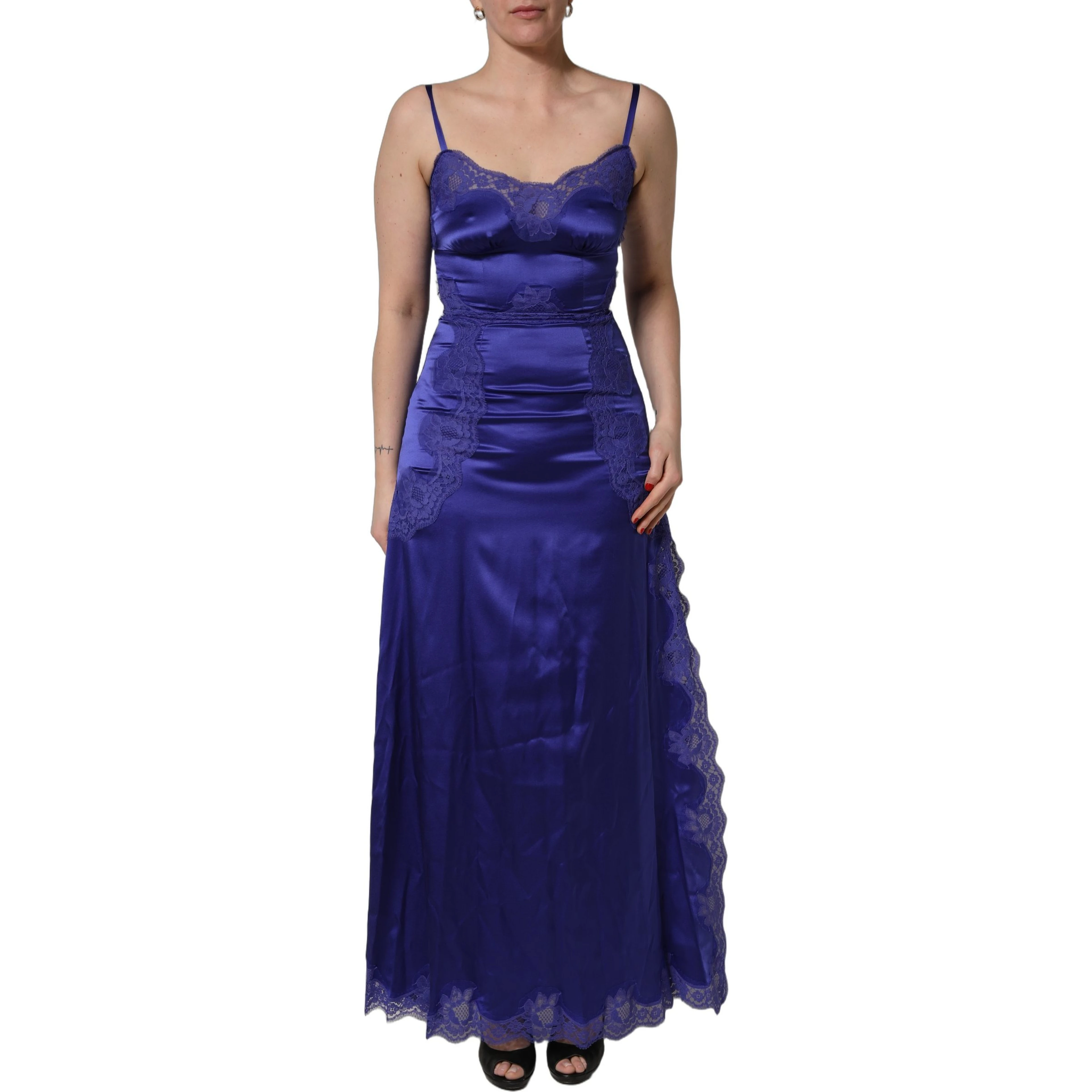 Blue Sleeveless Lace Trim A-line Gown Dress