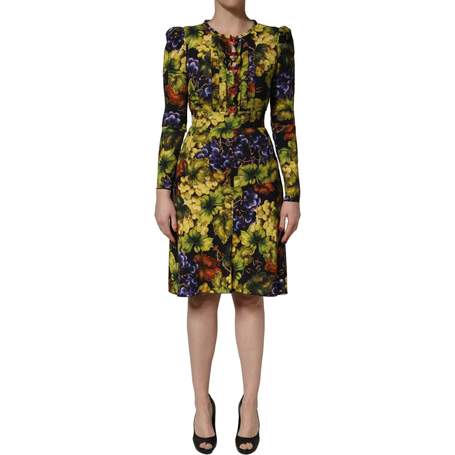 Multicolor Grape Print LongSleeve Midi Dress