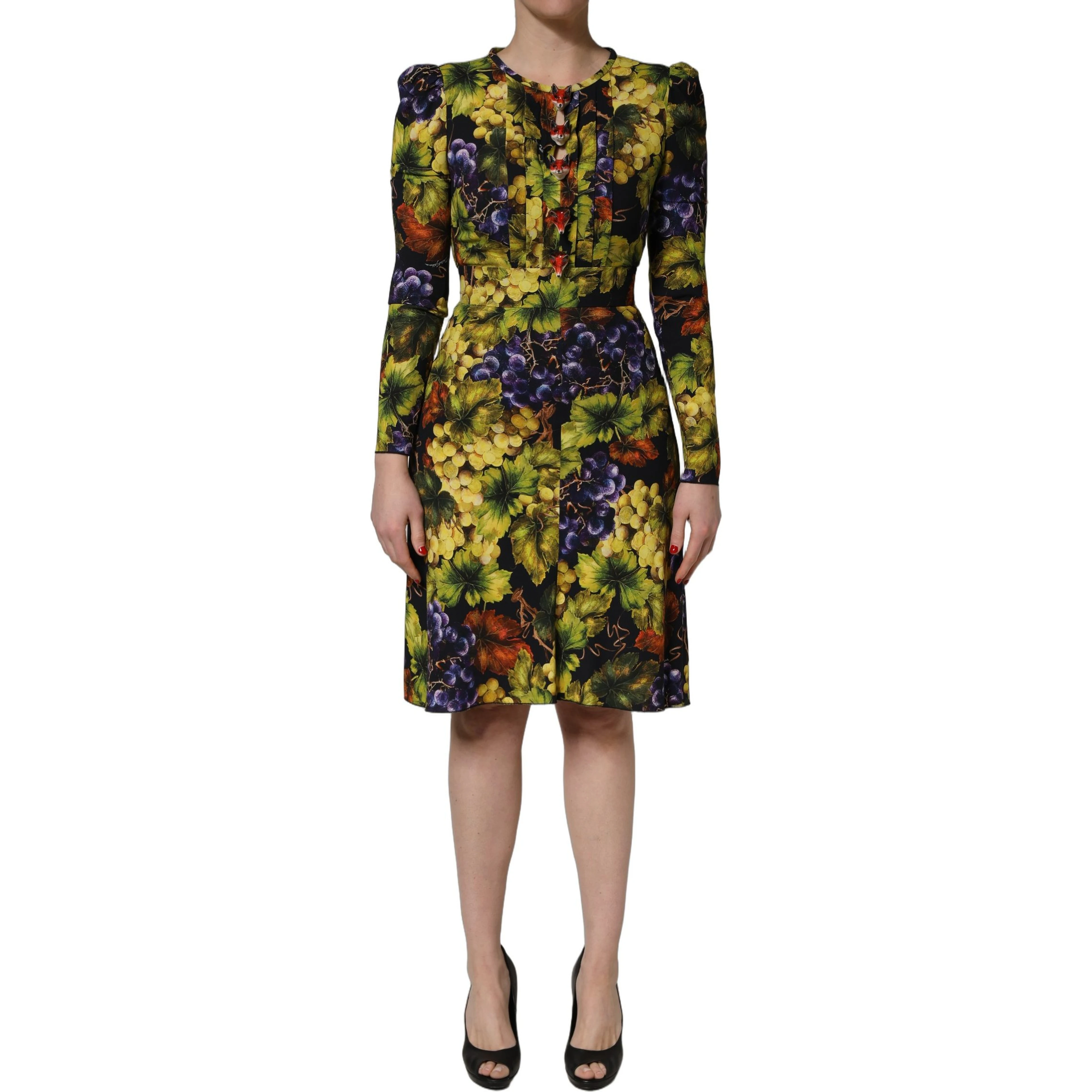 Multicolor Grape Print LongSleeve Midi Dress
