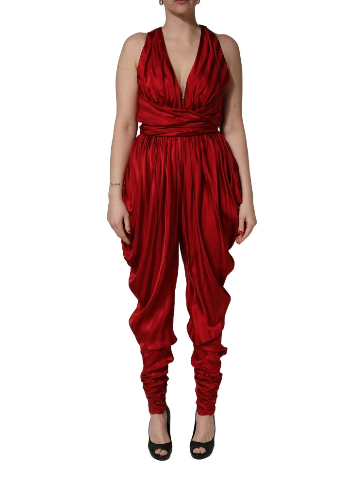Red Plunging HalterNeck Draped Jumpsuit Dress alternative