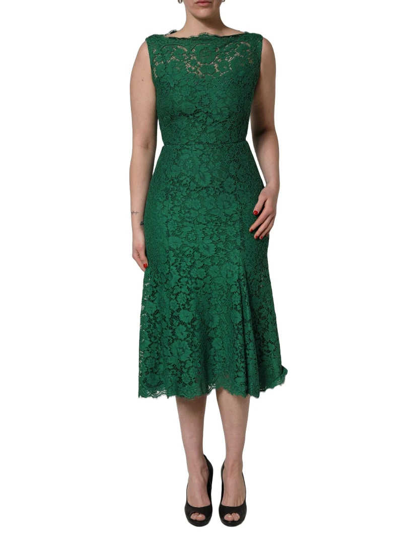 Green Floral Lace Cotton Sleeveless Midi Dress