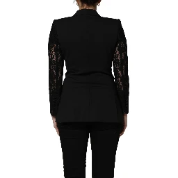Black Wool DoubleBreasted Lace Sleeve Jacket