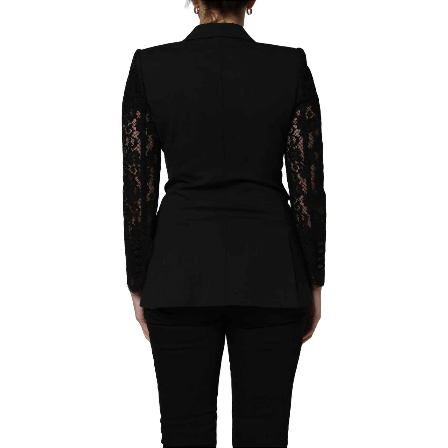 Black Wool DoubleBreasted Lace Sleeve Jacket
