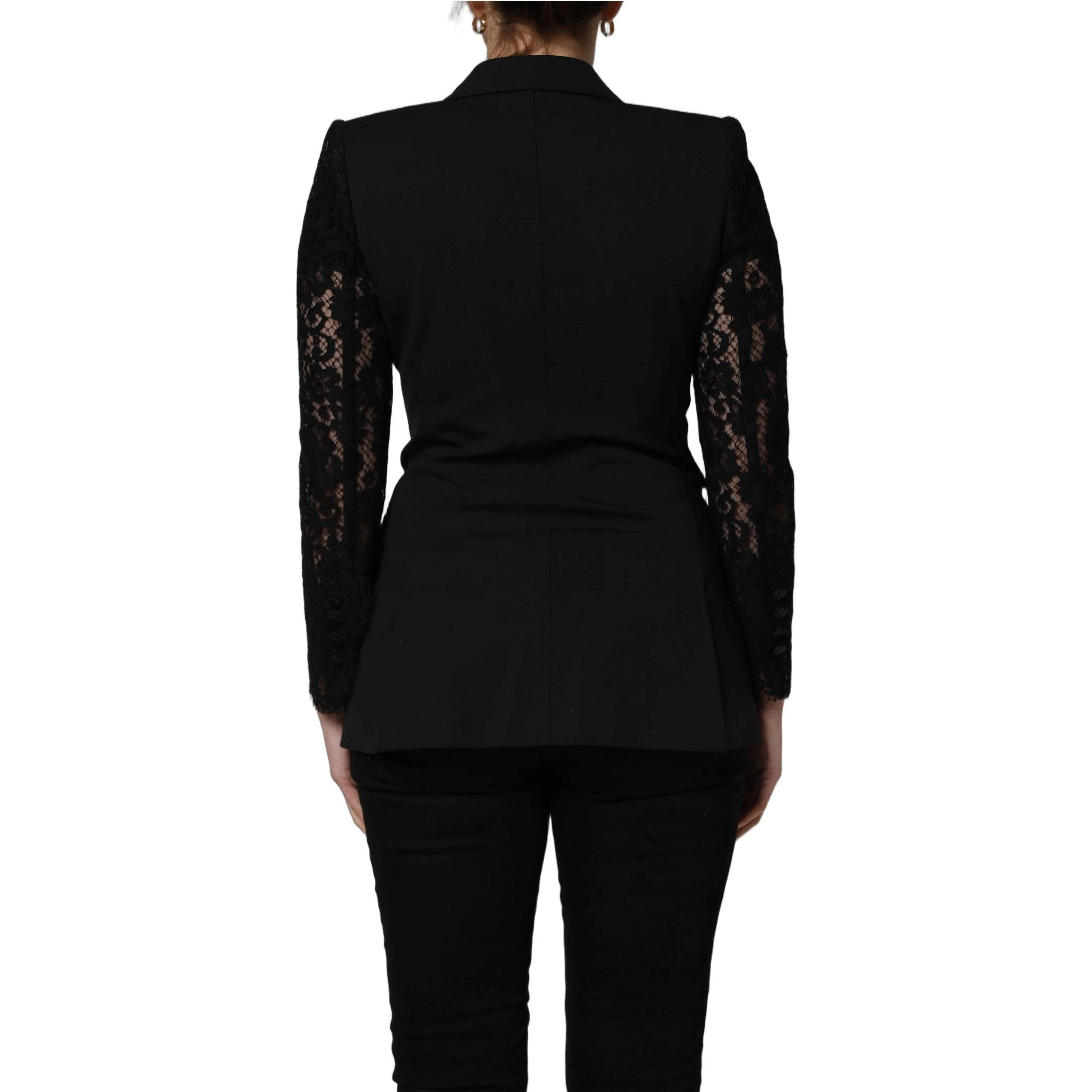 Black Wool DoubleBreasted Lace Sleeve Jacket