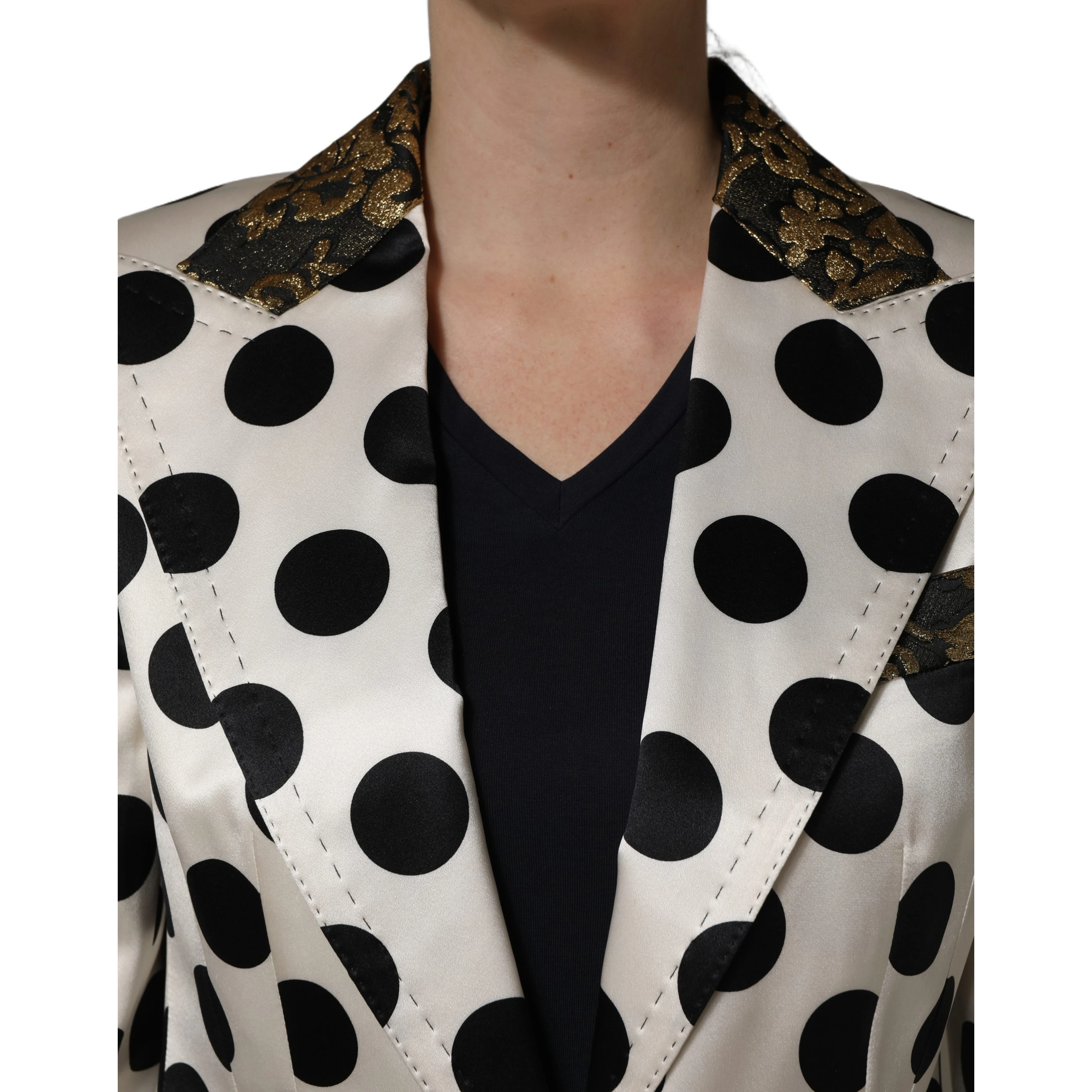 White Brocade Polka-Dot Print Blazer Jacket