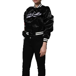 Black Satin Floral Embroidery Bomber Jacket