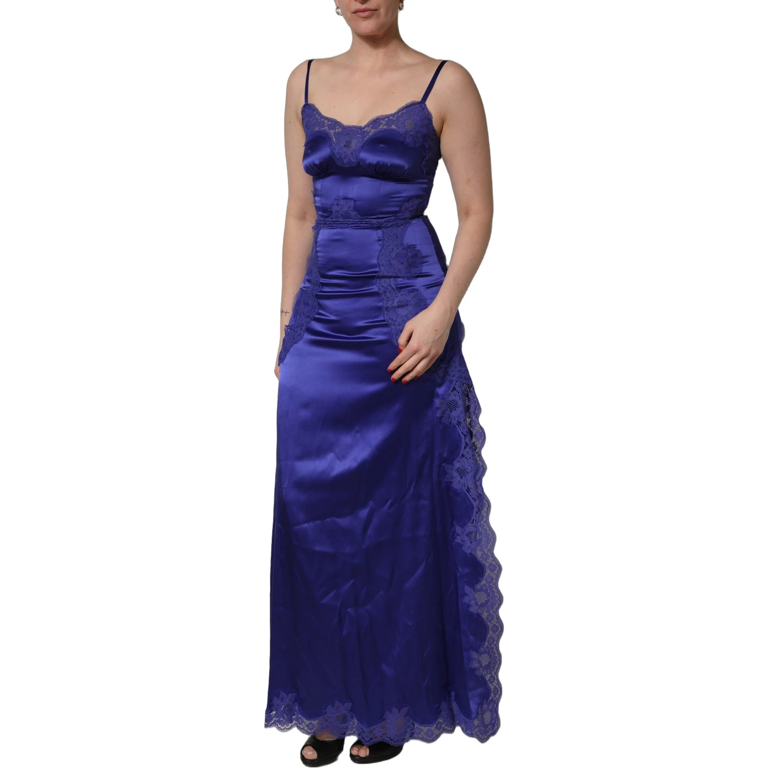 Blue Sleeveless Lace Trim A-line Gown Dress