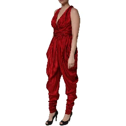 Red Plunging HalterNeck Draped Jumpsuit Dress