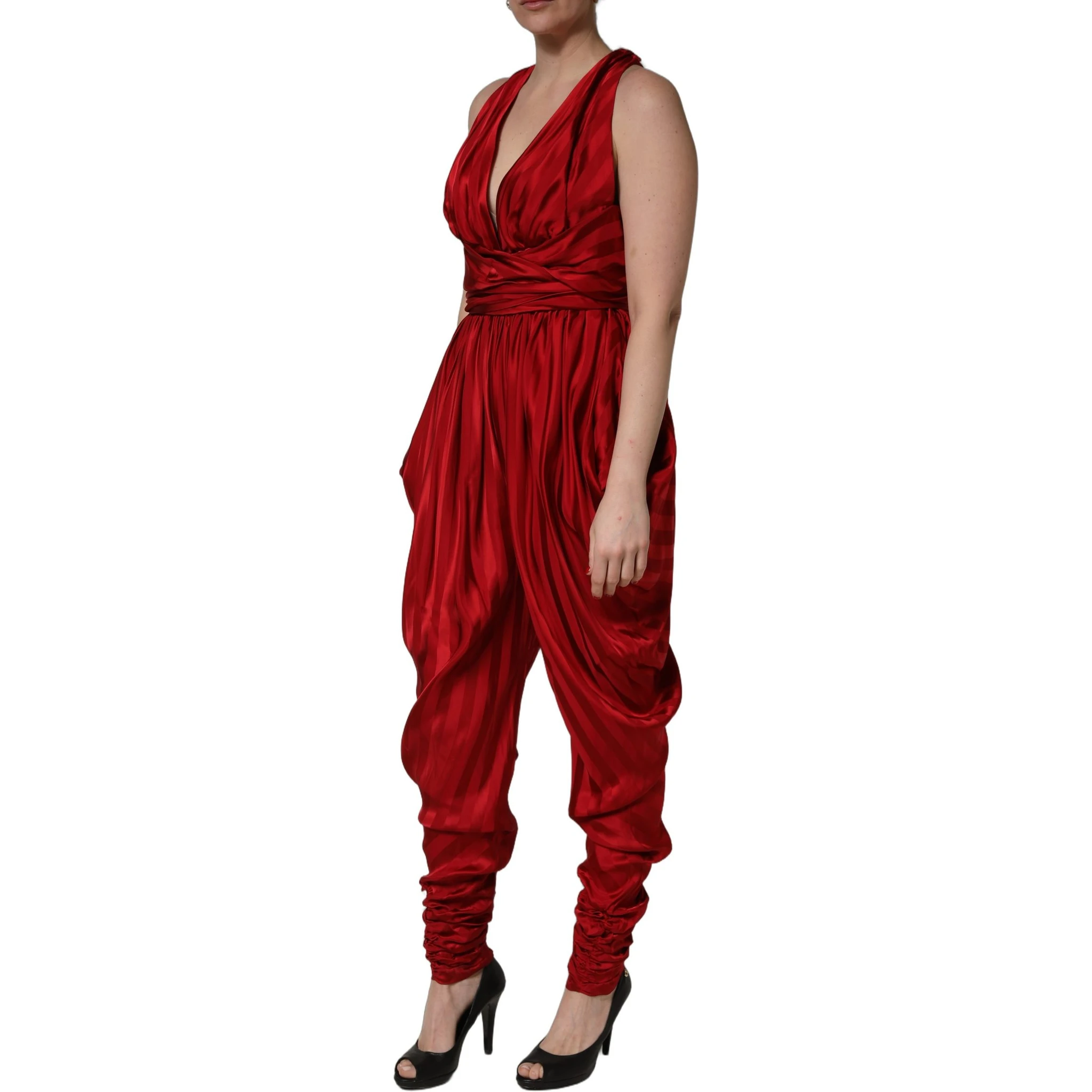Red Plunging HalterNeck Draped Jumpsuit Dress