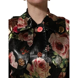 Black Floral Belted Polyester Trench Coat Jacket