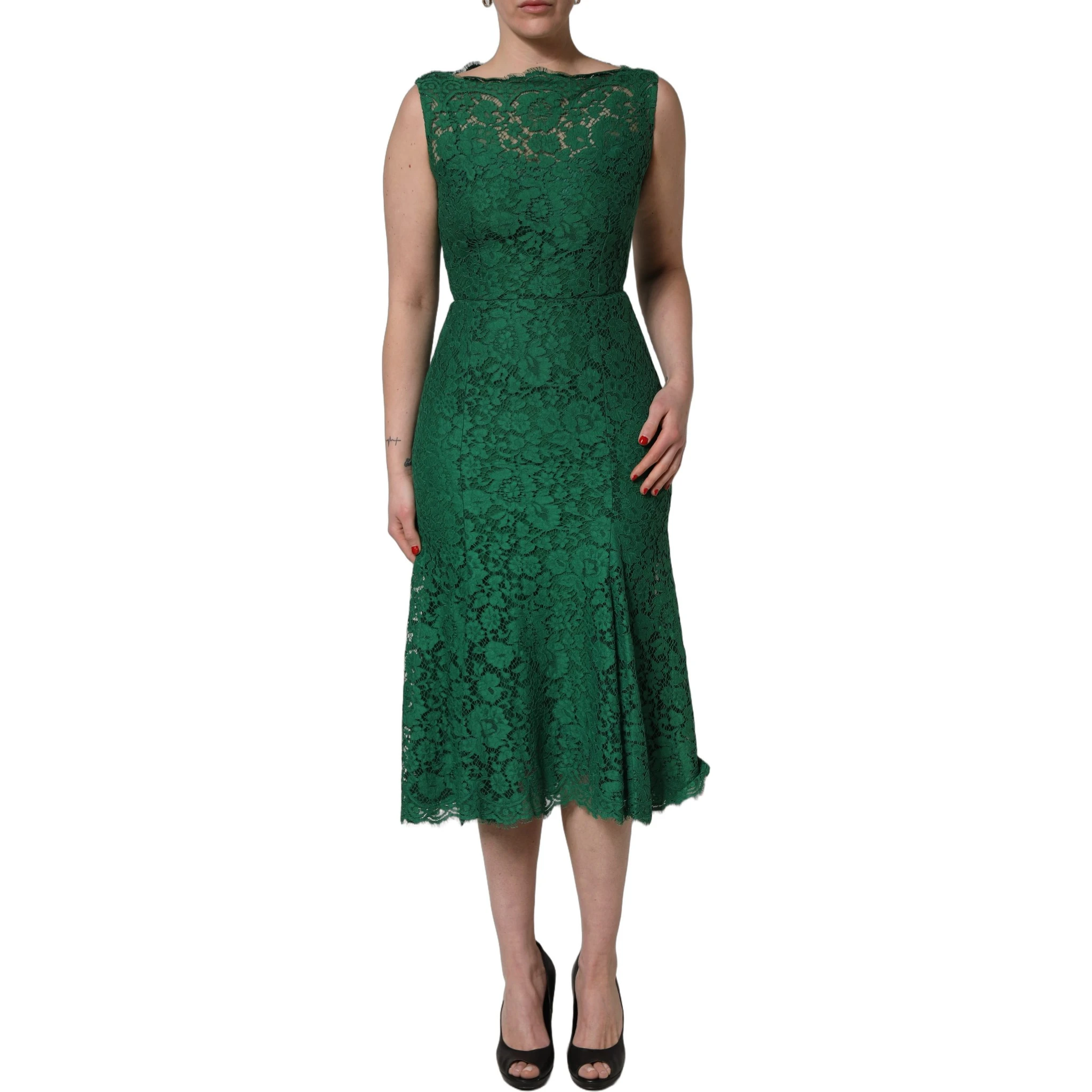 Green Floral Lace Cotton Sleeveless Midi Dress
