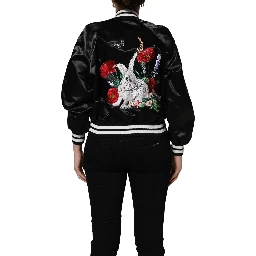 Black Satin Floral Embroidery Bomber Jacket