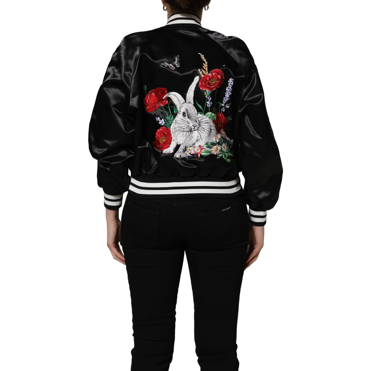 Black Satin Floral Embroidery Bomber Jacket