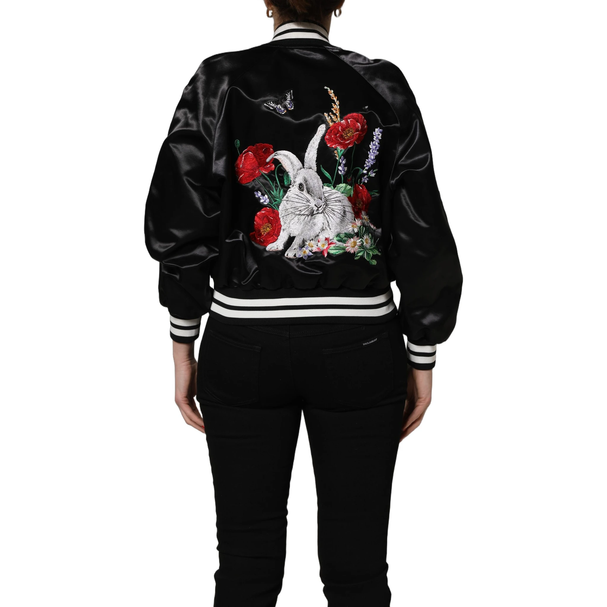 Black Satin Floral Embroidery Bomber Jacket