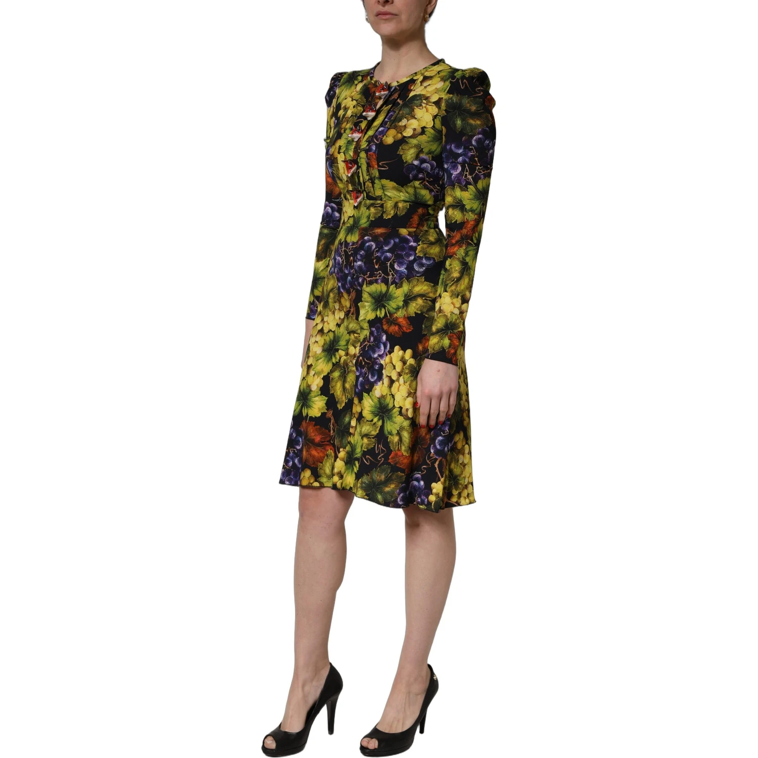 Multicolor Grape Print LongSleeve Midi Dress