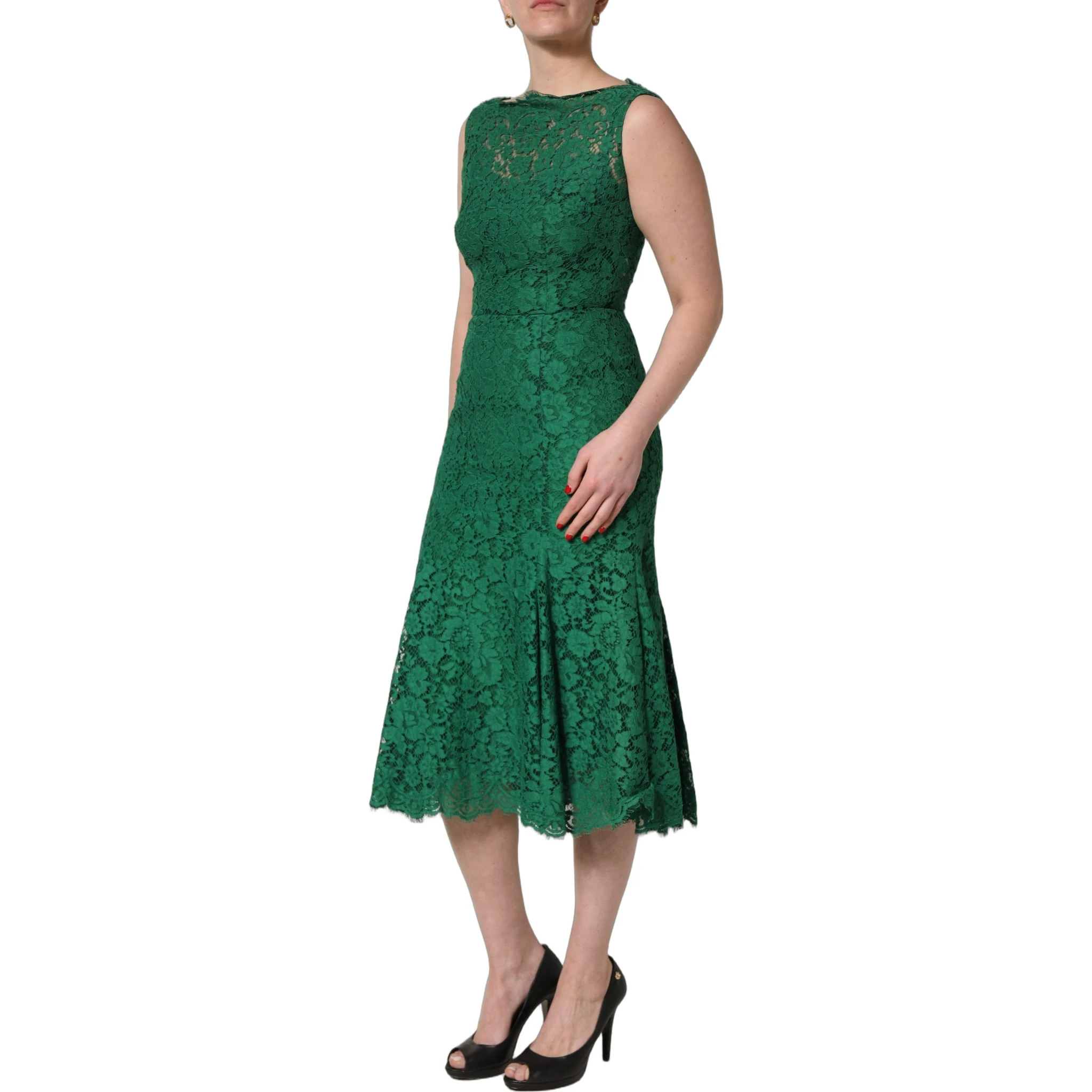 Green Floral Lace Cotton Sleeveless Midi Dress