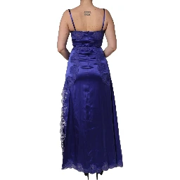 Blue Sleeveless Lace Trim A-line Gown Dress