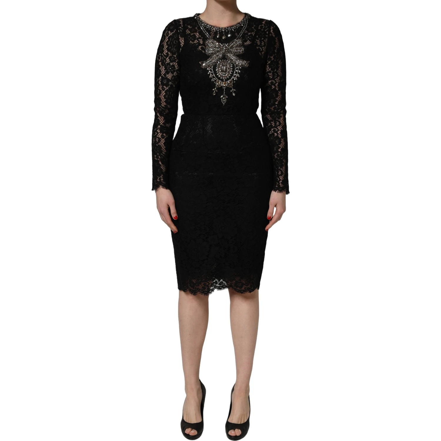 Black Crystal Embellished Sheath Midi Dress