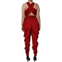 Red Plunging HalterNeck Draped Jumpsuit Dress